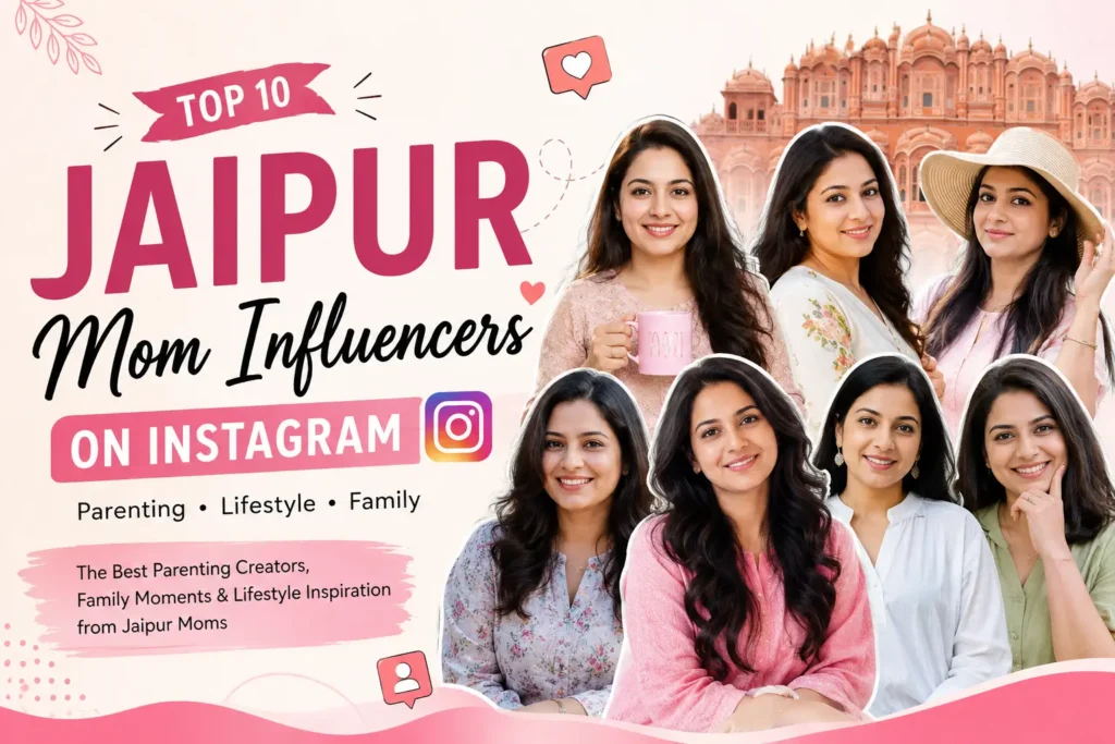 Illustration representing the top Jaipur mom influencers on Instagram, highlighting parenting, family lifestyle, and motherhood content in Jaipur.