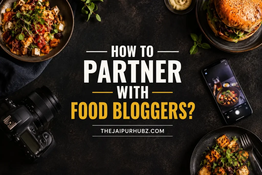 How to Partner with Food Bloggers featured image showing food photography, social media content creation, and restaurant influencer marketing tips.