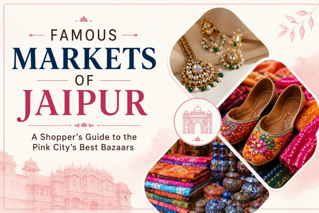 Famous Markets of Jaipur featuring traditional jewelry, Rajasthani juttis, colorful textiles, and handicrafts