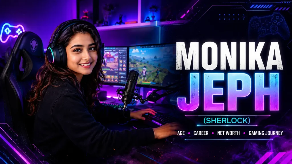 Monika Jeph Sherlock biography featured image showing Indian female gamer in a professional RGB gaming setup with dual monitors, gaming headset, streaming microphone, and neon gaming studio.