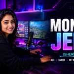 Monika Jeph Sherlock biography featured image showing Indian female gamer in a professional RGB gaming setup with dual monitors, gaming headset, streaming microphone, and neon gaming studio.