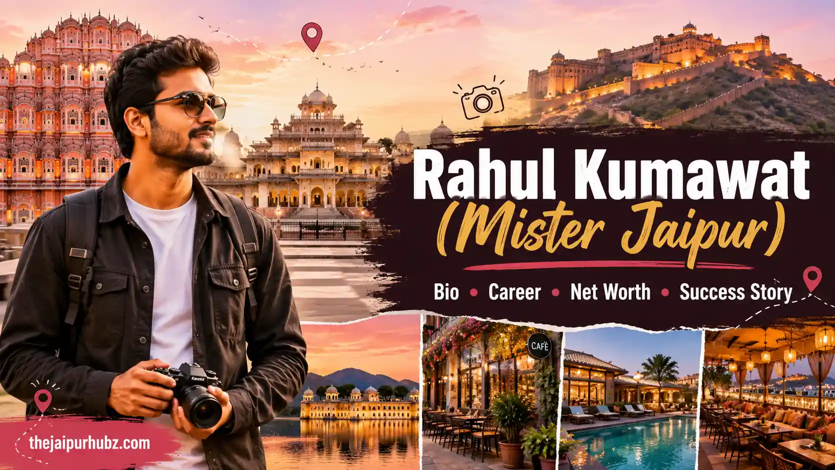 Rahul Kumawat Mister Jaipur biography featured image with Jaipur landmarks, travel creator, career, net worth and success story