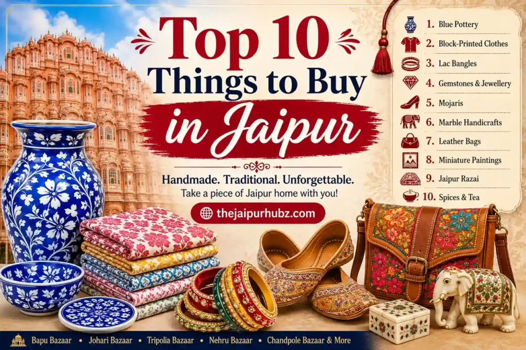 Top 10 things to buy in Jaipur featuring blue pottery, block-printed clothes, lac bangles, mojaris, leather bags, marble handicrafts, and other famous Rajasthani souvenirs with Hawa Mahal in the background.