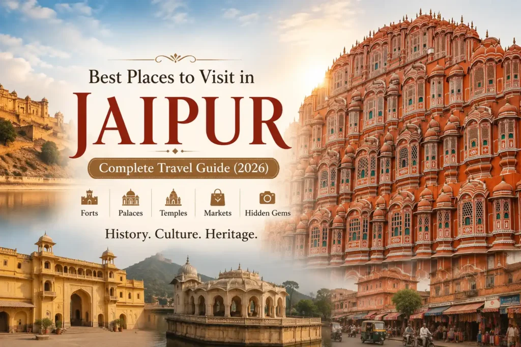 Best Places to Visit in Jaipur featuring Hawa Mahal, Amber Fort, Jal Mahal and other top tourist attractions