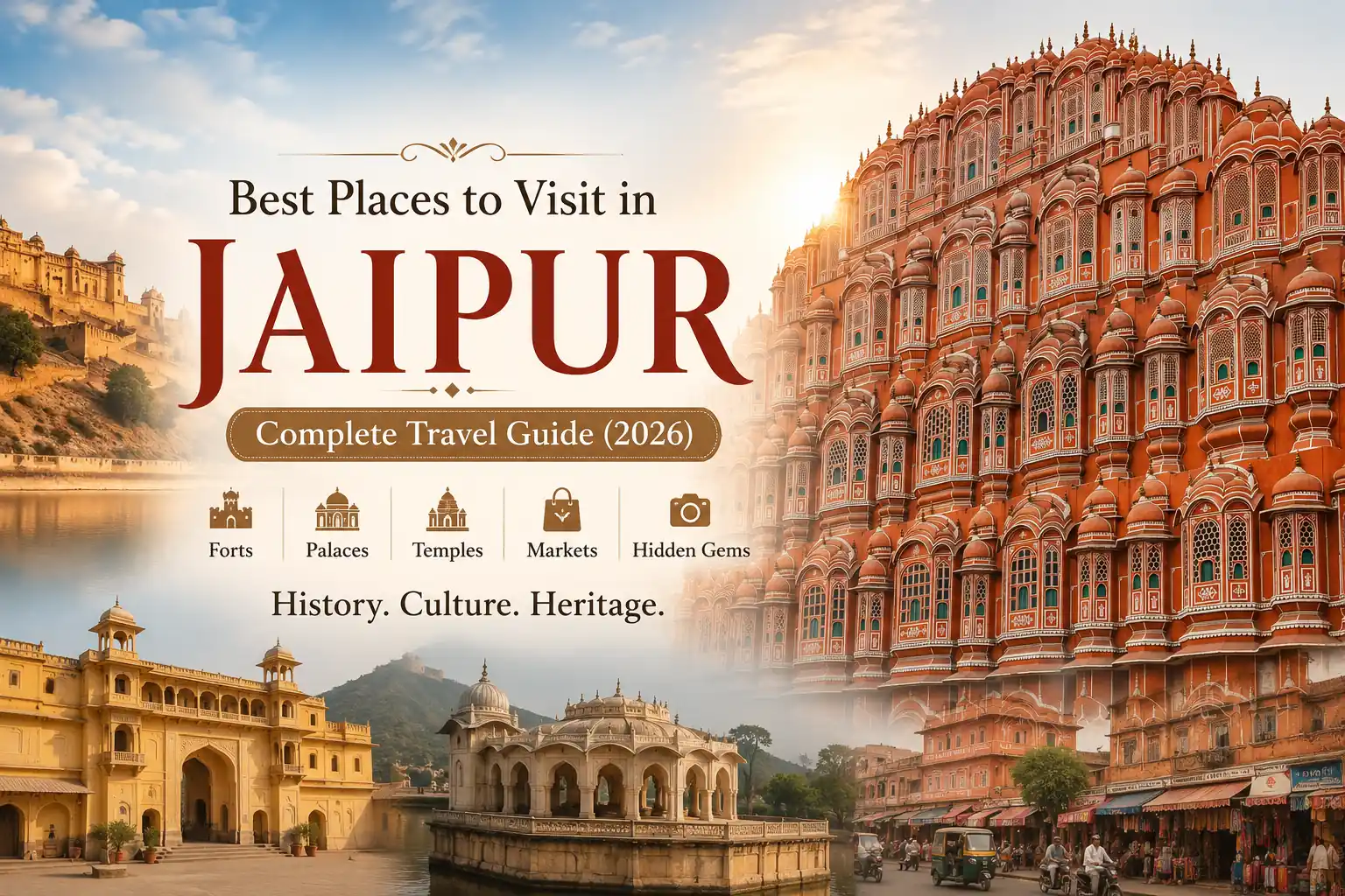 Best Places to Visit in Jaipur featuring Hawa Mahal, Amber Fort, Jal Mahal and other top tourist attractions