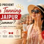 Woman applying sunscreen in Jaipur summer with sun protection tips, illustrating how to prevent skin tanning using SPF, hats, sunglasses, hydration, and protective clothing.