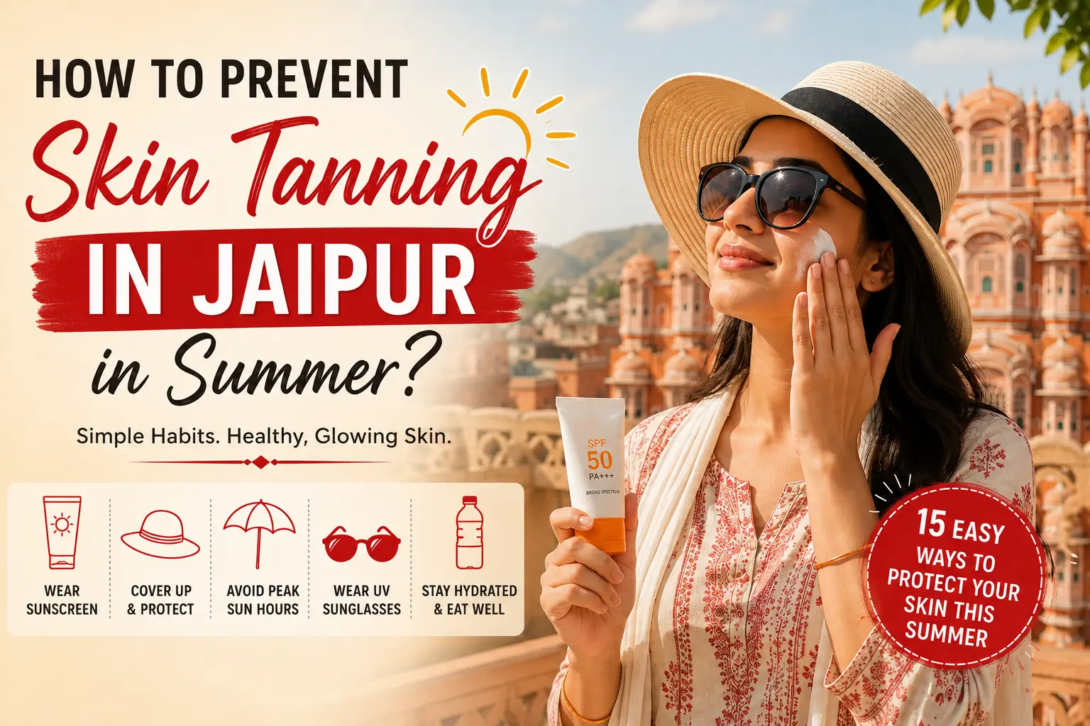 Woman applying sunscreen in Jaipur summer with sun protection tips, illustrating how to prevent skin tanning using SPF, hats, sunglasses, hydration, and protective clothing.