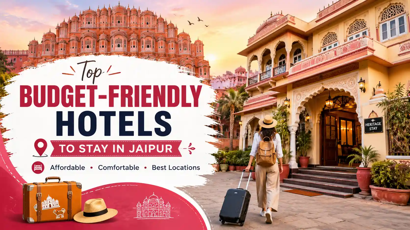 Best budget-friendly hotels in Jaipur featuring a heritage hotel, Hawa Mahal, and a traveler with luggage in Rajasthan