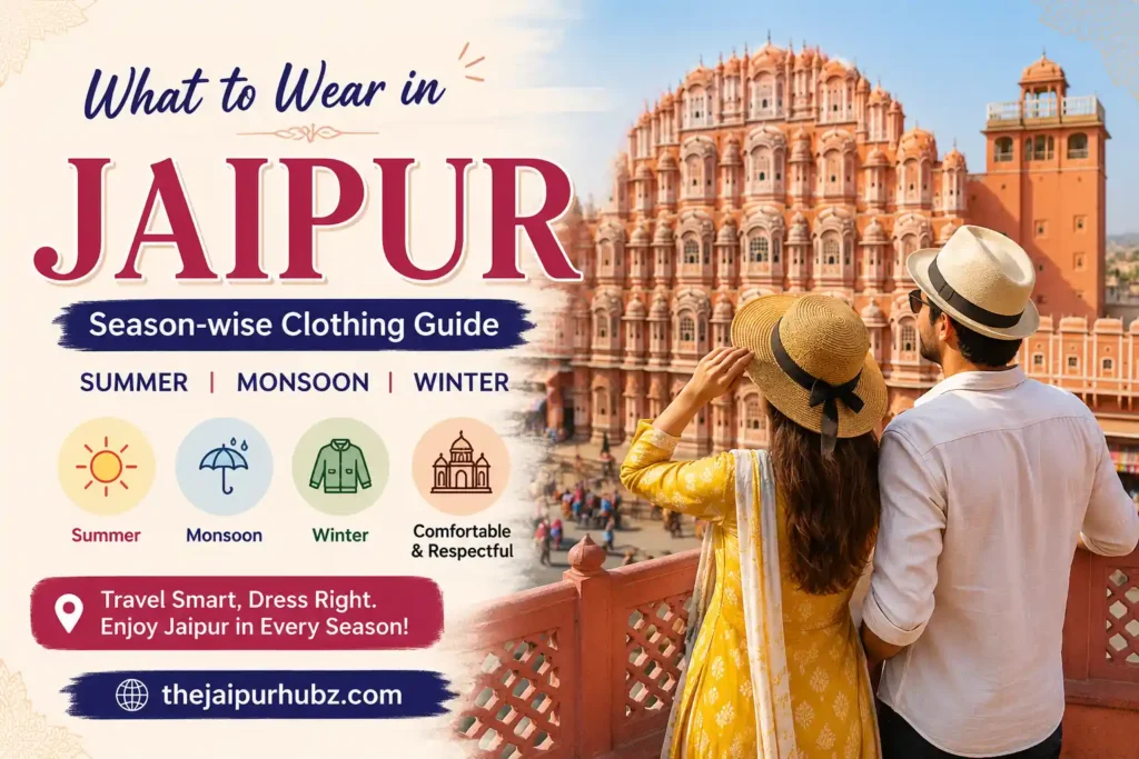 A couple is standing at roof top restaurant and seeing the hawa mahal in a dress that is good for summer jaipur