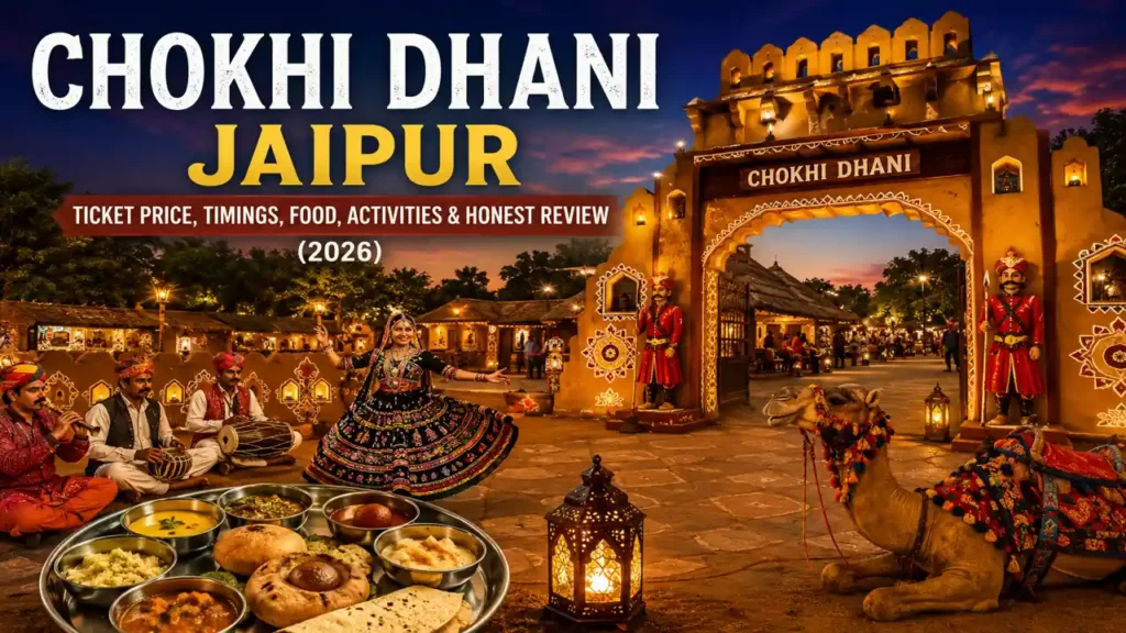 Chokhi Dhani Jaipur featured image showing the traditional entrance, Rajasthani folk dance, camel ride, authentic thali, and cultural village experience at night.