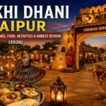 Chokhi Dhani Jaipur featured image showing the traditional entrance, Rajasthani folk dance, camel ride, authentic thali, and cultural village experience at night.