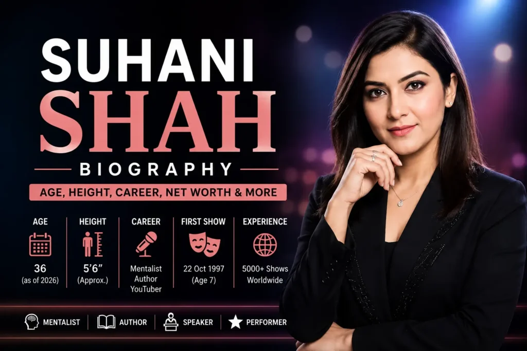 Suhani Shah biography featuring her portrait with details about her age, height, career, first show, experience, and roles as a mentalist, author, speaker, and performer.