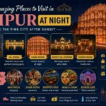 15 Amazing Places to Visit in Jaipur at Night featuring Nahargarh Fort, Jal Mahal, Hawa Mahal, Albert Hall Museum, Chokhi Dhani, Bapu Bazaar, Johari Bazaar, Masala Chowk, Rooftop Cafes, and Patrika Gate