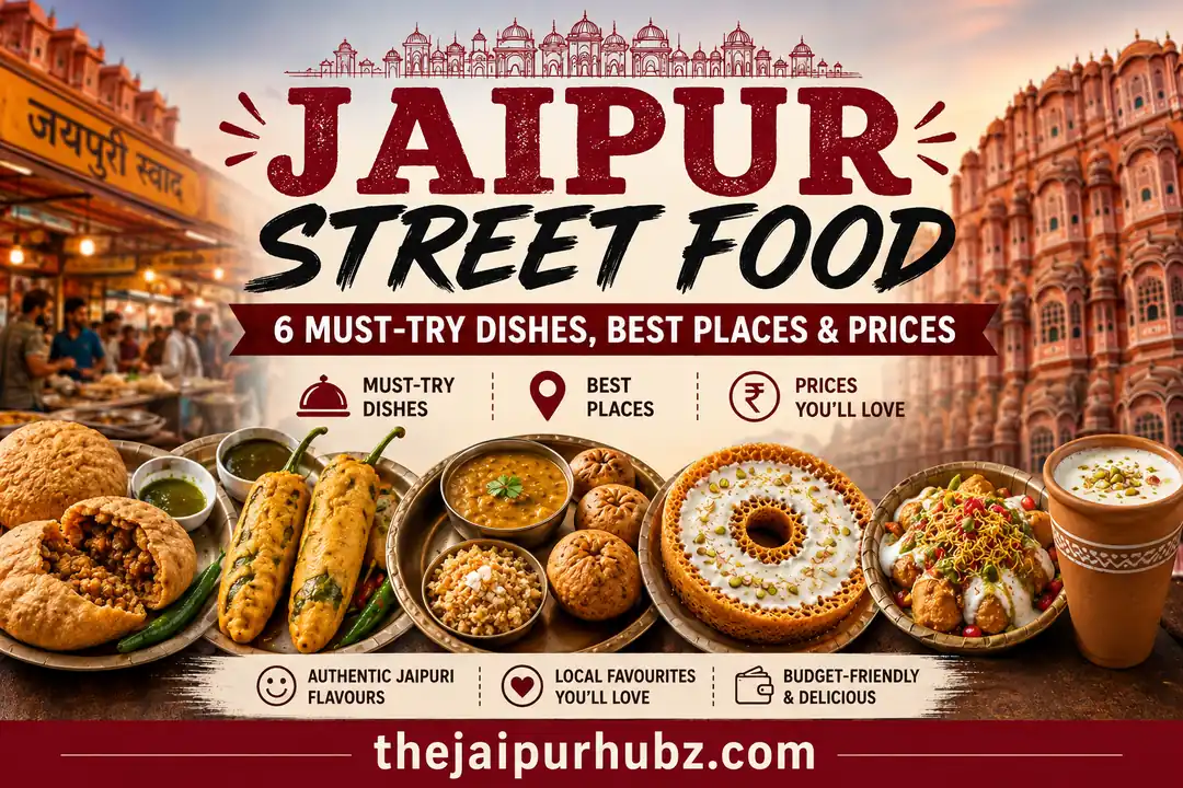Jaipur street food featuring pyaaz kachori, mirchi vada, dal baati churma, ghewar, kachori chaat and lassi with Jaipur landmarks.